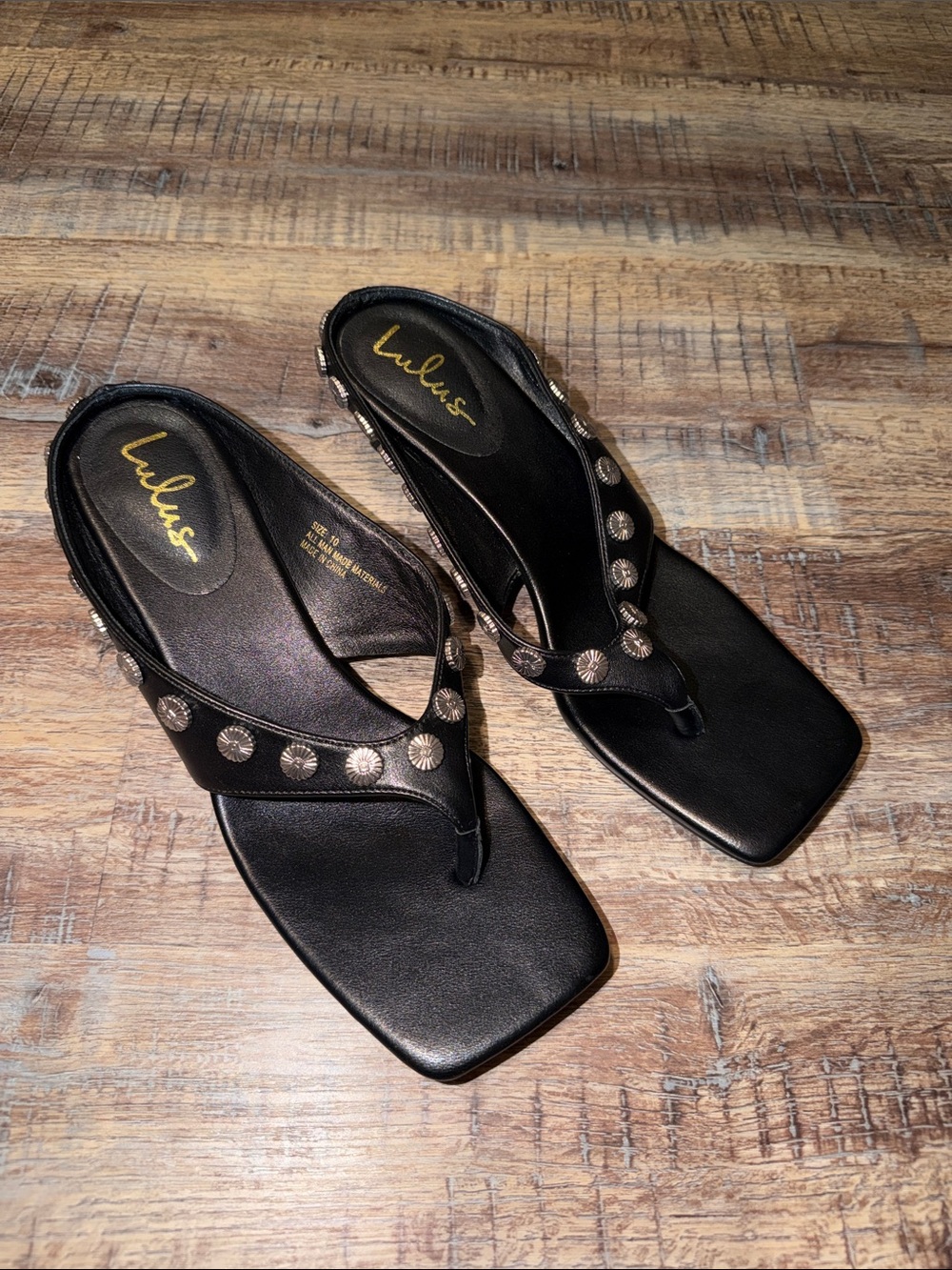 Lulu's Black Studded Square-Toe Thong Sandals